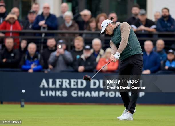 Gareth Bale of Wales the former international soccer player plays his second shot on the first hole during the first round of the Alfred Dunhill...