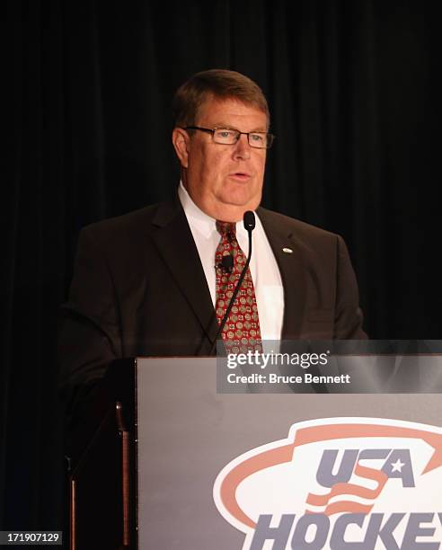 Dave Ogrean, executive director of USA Hockey addresses the media during a press conference at the Marriott Marquis Hotel on June 29, 2013 in New...