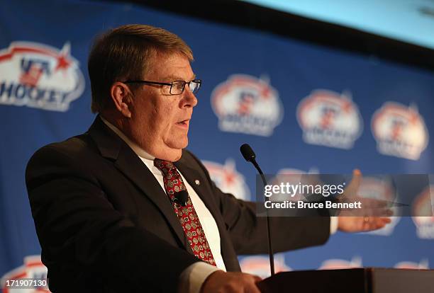Dave Ogrean, executive director of USA Hockey addresses the media during a press conference at the Marriott Marquis Hotel on June 29, 2013 in New...
