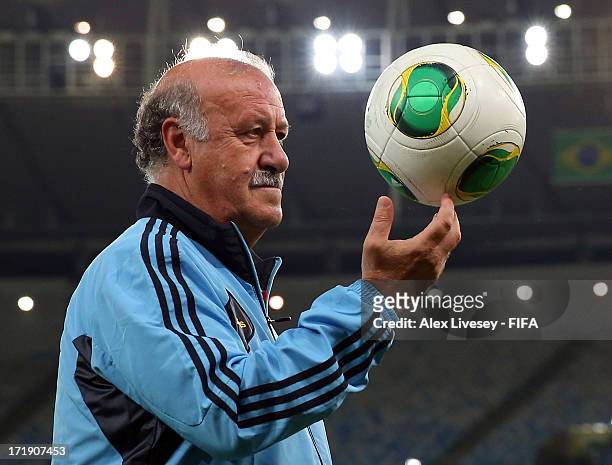 Vicente Del Bosque head coach of Spain looks on during a training session, ahead of their FIFA Confederations Cup Brazil 2013 Final match against...
