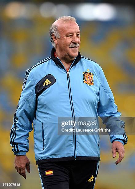 Vicente Del Bosque head coach of Spain looks on during a training session, ahead of their FIFA Confederations Cup Brazil 2013 Final match against...