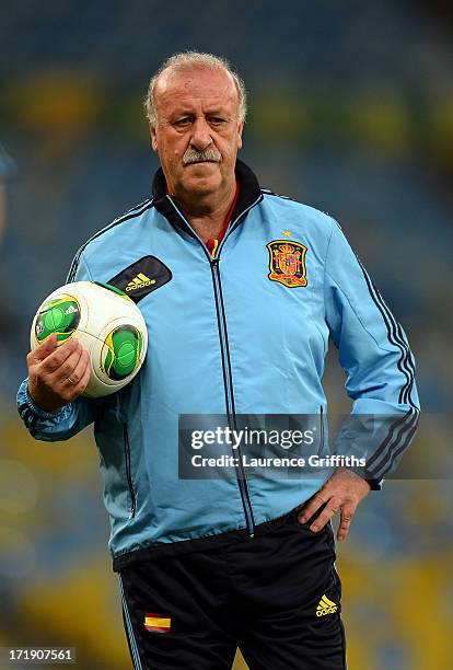 Vicente Del Bosque head coach of Spain looks on during a training session, ahead of their FIFA Confederations Cup Brazil 2013 Final match against...