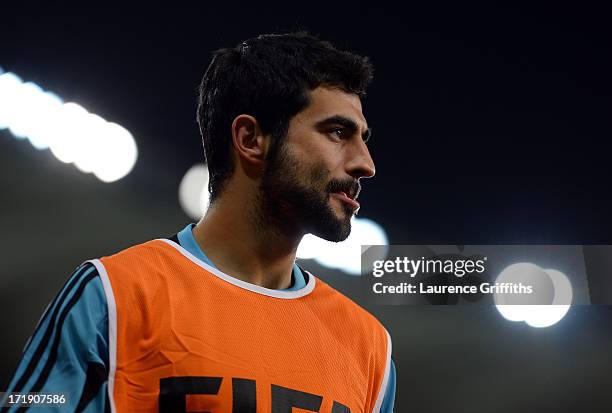 Raul Albiol of Spain looks thoughtful during a training session, ahead of their FIFA Confederations Cup Brazil 2013 Final match against Brazil, at...