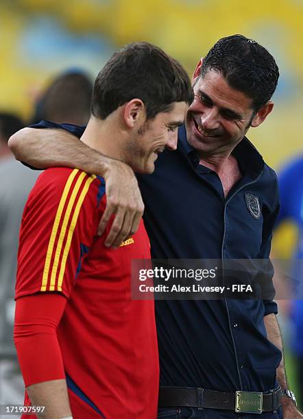 Ex-Spain international Fernando Hierro talks to Iker Casillas of Spain during a training session, ahead of their FIFA Confederations Cup Brazil 2013...