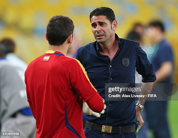 Ex-Spain international Fernando Hierro talks to Iker Casillas of Spain during a training session, ahead of their FIFA Confederations Cup Brazil 2013...