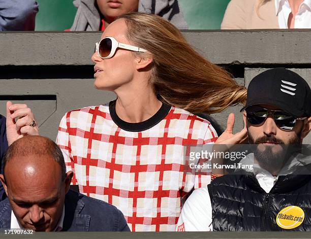 Kristen Pazik, wife of Andriy Schevchenko, attends the Novak Djokovic vs Jeremy Chardy match on Day 6 of the Wimbledon Lawn Tennis Championships at...