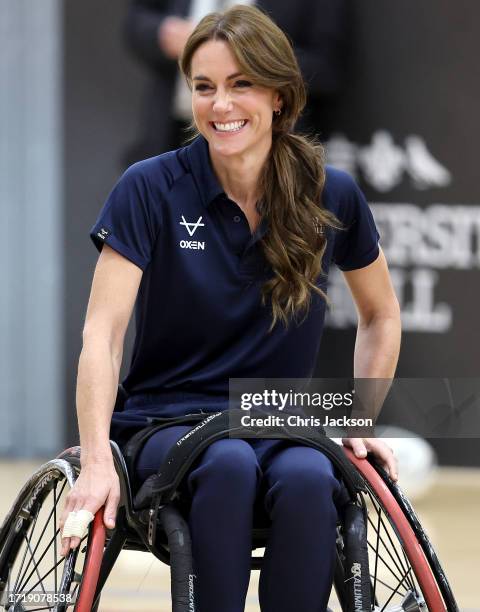 Catherine, Princess of Wales tries her hand at wheelchair rugby and joins a training session facilitated by members of the world-cup winning England...