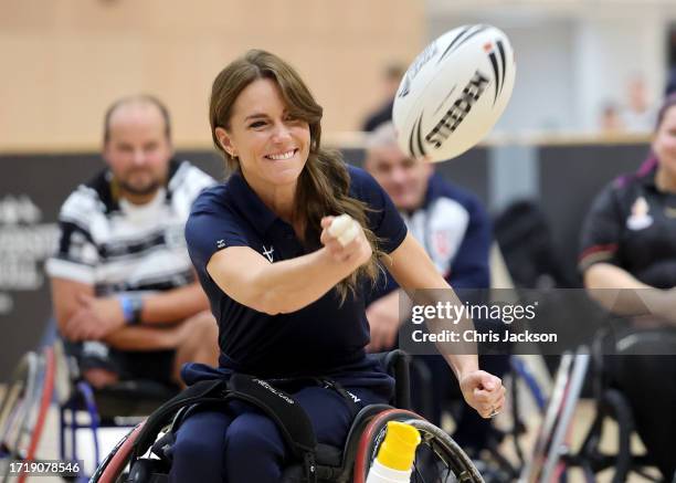 Catherine, Princess of Wales tries her hand at wheelchair rugby and joins a training session facilitated by members of the world-cup winning England...