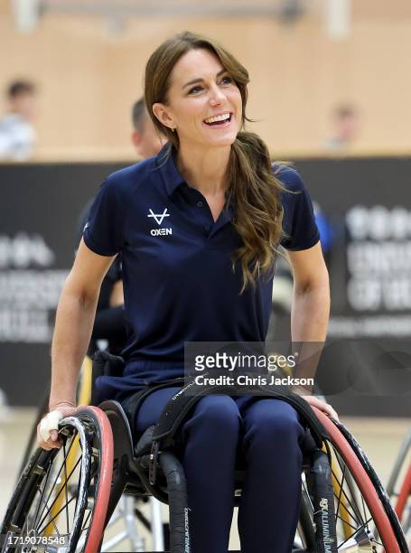 Catherine, Princess of Wales tries her hand at wheelchair rugby and joins a training session facilitated by members of the world-cup winning England...