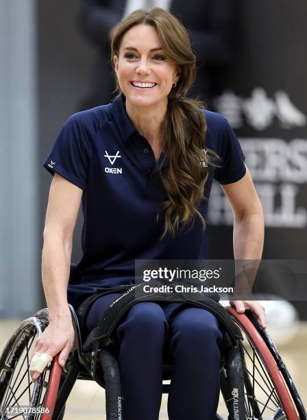 Catherine, Princess of Wales tries her hand at wheelchair rugby and joins a training session facilitated by members of the world-cup winning England...