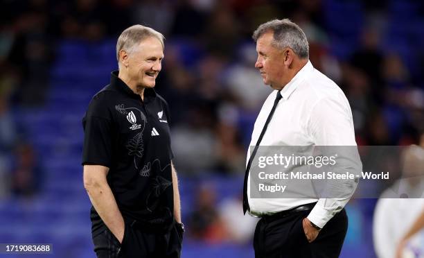 Joe Schmidt, Coach of New Zealand speaks with Ian Foster, Head Coach of New Zealand, during the warm up prior to the Rugby World Cup France 2023...