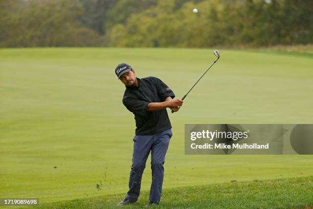 Fabian Gomez of Argentina hits a chip shot on the ninth hole during the first round of the Korn Ferry Tour Championship presented by United Leasing &...