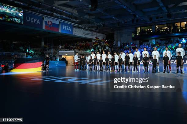 Team Germany line up prior to the FIFA Futsal World Championship Qualifier match between Germany and Slovakia at EWS Arena on October 05, 2023 in...