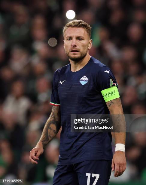 Ciro Immobile of SS Lazio is seenl during the UEFA Champions League match between Celtic FC v SS Lazio at Celtic Park Stadium on October 04, 2023 in...