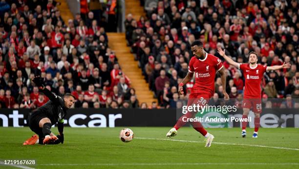 Ryan Gravenberch of Liverpool scoring the opening goal during the Group E - UEFA Europa League match between Liverpool FC and R. Union Saint-Gilloise...