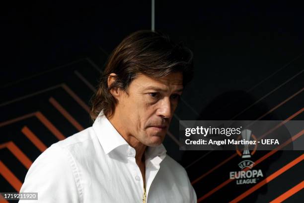 Head coach Matias Almeyda of AEK Athens looks on in the post match press conference following the UEFA Europa League match between AEK Athens and AFC...