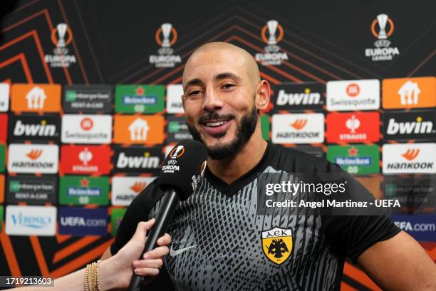 Nordin Amrabat of AEK Athens speaks to the media following the UEFA Europa League match between AEK Athens and AFC Ajax at AEK Arena on October 05,...