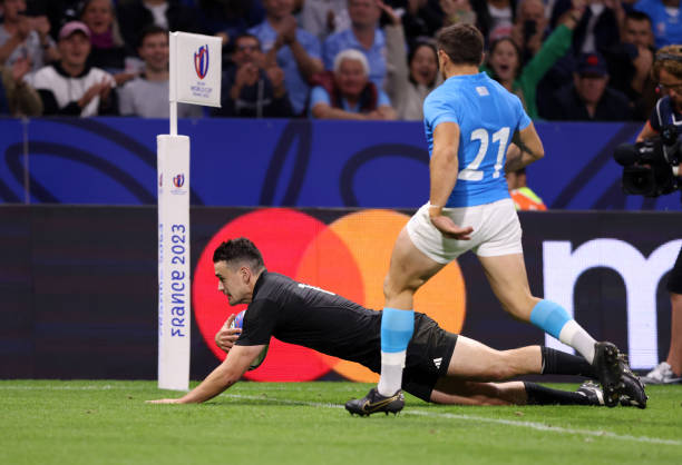 Will Jordan of New Zealand scores the team's eighth try during the Rugby World Cup France 2023 match between New Zealand and Uruguay at Parc...