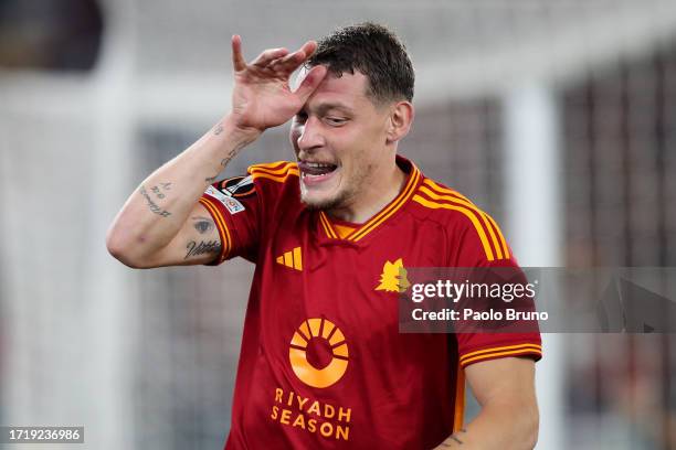 Andrea Belotti of AS Roma celebrates after scoring the team's second goal during the UEFA Europa League match between AS Roma and Servette FC at...