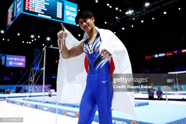 Gold medalist Daiki Hashimoto of Team Japan celebrates after winning the Men's All Around Final on Day Six of the 2023 Artistic Gymnastics World...