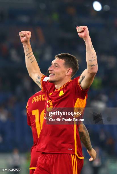 Andrea Belotti of AS Roma celebrates after scoring the team's third goal during the UEFA Europa League match between AS Roma and Servette FC at...