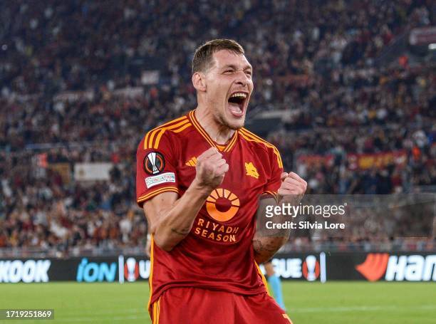 Andrea Belotti of AS Roma celebrates after scoring his team's fourth goal during the UEFA Europa League Group G match between AS Roma and Servette FC...