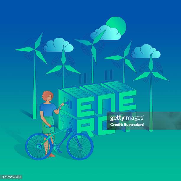 stockillustraties, clipart, cartoons en iconen met girl charging electric bike with renewable energy - alternatieve brandstofvoertuig