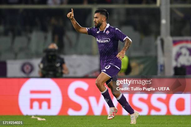 Nicolas Gonzalez of ACF Fiorentina celebrates after scoring the team's second goal which is later ruled out for offside following a VAR review during...