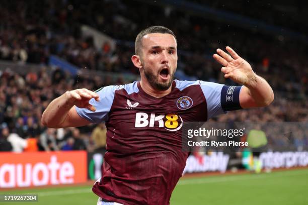 John McGinn of Aston Villa celebrates after scoring the team's first goal during the UEFA Europa Conference League match between Aston Villa FC and...