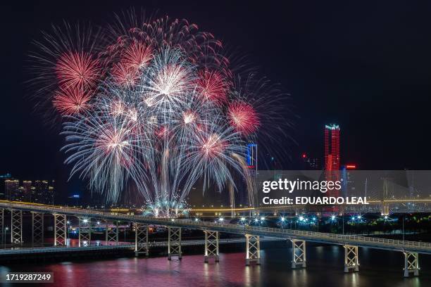 Firework display by United Kingdom's team light up the sky near the Macau Tower shorefront during the 31st Macau International Fireworks Contest, in...