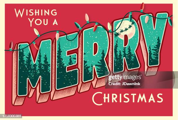 ich wünsche ihnen ein frohes weihnachtsgrußdesign im vintage-postkarten-3d-schriftstil mit weihnachtsschlitten und rentier im himmel in jedem buchstaben - weihnachtsmann stock-grafiken, -clipart, -cartoons und -symbole
