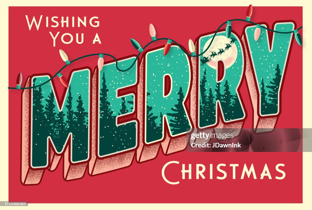 Wishing you a Merry Christmas greeting design in vintage postcard 3D lettering style with Santa sleigh and Reindeer in sky scene in each letter