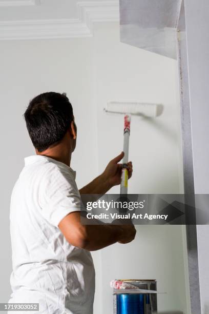 rear view of wall painter at home - decorator stock pictures, royalty-free photos & images
