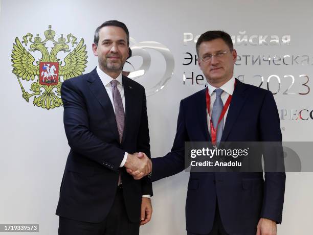 Turkish Energy and Natural Resources Minister Alparslan Bayraktar meets with Deputy Prime Minister of Russia Alexander Novak in Moscow, Russia on...