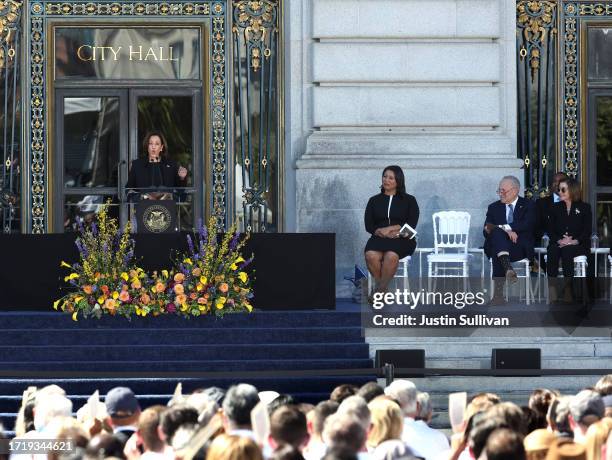 Vice President Kamala Harris speaks during a memorial service for the late Sen. Dianne Feinstein at San Francisco City Hall on October 05, 2023 in...