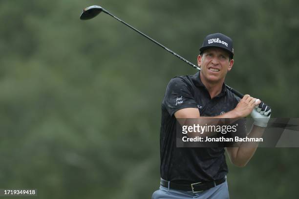 Ricky Barnes of the United States follows his shot from the fifth tee during the first round of the Sanderson Farms Championship at The Country Club...