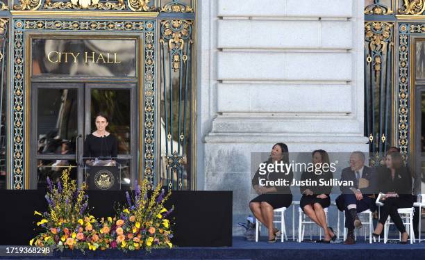 Rep. Nancy Pelosi , Senate Majority Leader Chuck Schumer , U.S. Vice President Kamala Harris and San Francisco Mayor London Breed listen as Eileen...