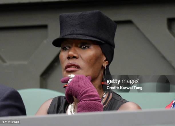 Grace Jones attends on Day 6 of the Wimbledon Lawn Tennis Championships at the All England Lawn Tennis and Croquet Club on June 29, 2013 in London,...