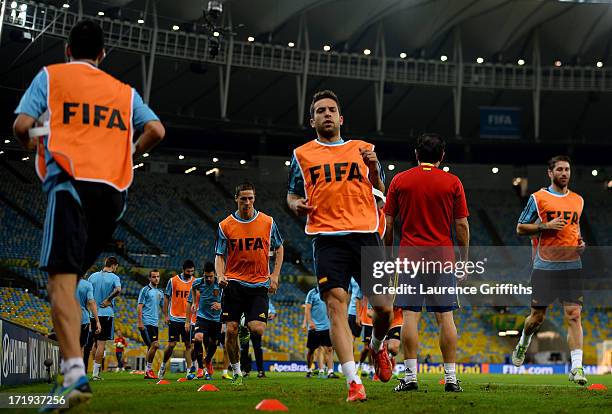 Spain perform sprints during a training session, ahead of their FIFA Confederations Cup Brazil 2013 Final match against Brazil, at the Maracana...