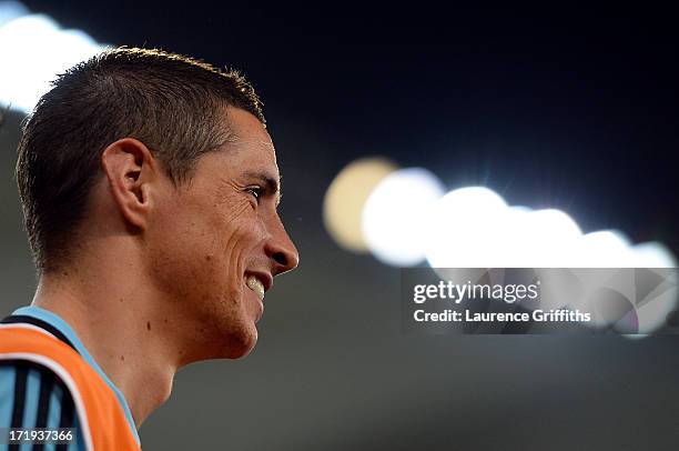 Fernando Torres of Spain looks on during a training session, ahead of their FIFA Confederations Cup Brazil 2013 Final match against Brazil, at the...