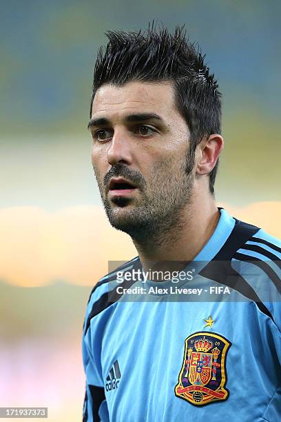 David Villa of Spain looks on during a training session, ahead of their FIFA Confederations Cup Brazil 2013 Final match against Brazil, at the...
