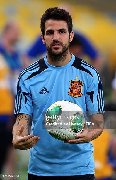 Cesc Fabregas of Spain looks on during a training session, ahead of their FIFA Confederations Cup Brazil 2013 Final match against Brazil, at the...