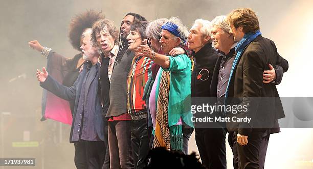 The Rolling Stones and guests perform on the Pyramid Stage at Glastonbury Festival 2013 on June 29, 2013 in Glastonbury, England. At the Glastonbury...