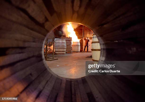 photography through an illuminated barrel a worker from a cooperage in jerez roasting the inside of a barrel with fire and stoking it with water. the barrels made in jerez have three types of toasting depending on the wine or liquor they will contain. - sherry stock pictures, royalty-free photos & images