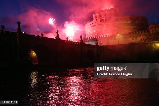 Fireworks explode over Castel Sant'Angelo on June 29, 2013 in Rome, Italy. The traditional 'La Girandola' fireworks celebrate Saints Peter and Paul,...