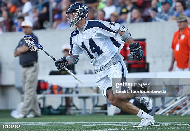 Drew Westervelt of the Chesapeake Bayhawks runs with the ball during Major League Lacrosse game action against the Hamilton Nationals on June 29,...