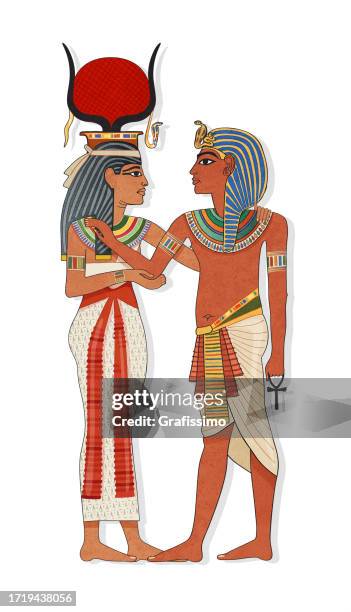 pharaoh with egyptian queen isis illustration - isis egyptian goddess stock illustrations