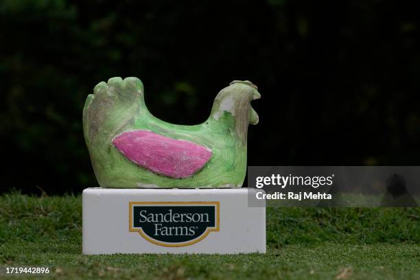 Detailed view of a tee marker with the Sanderson Farms logo during the first round of the Sanderson Farms Championship at The Country Club of Jackson...