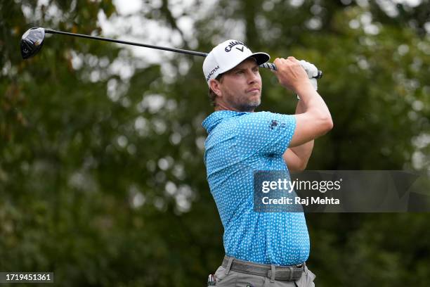 Chris Stroud of the United States plays his shot from the 15th tee during the first round of the Sanderson Farms Championship at The Country Club of...