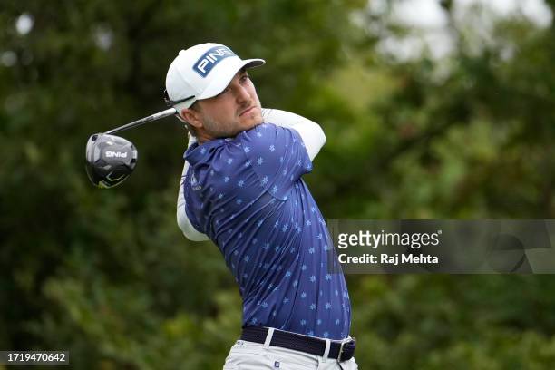 Austin Cook of the United States plays his shot from the 15th tee during the first round of the Sanderson Farms Championship at The Country Club of...